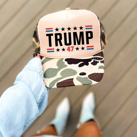 Trump 47 Hat Classic Foam Trucker Hat Tan/Camo