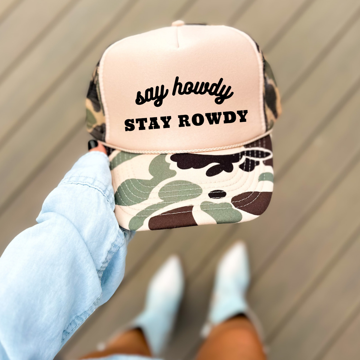 Say Howdy Stay Rowdy Funny Classic Foam Trucker Hat Tan/Camo