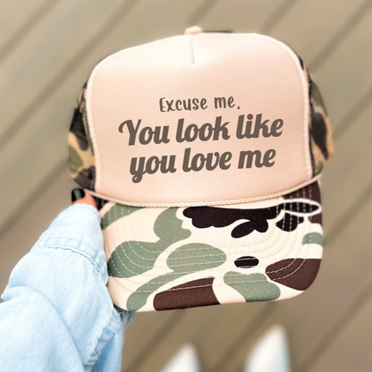 Excuse Me, You Look Like You Love Me Funny Classic Foam Trucker Hat Tan/Camo