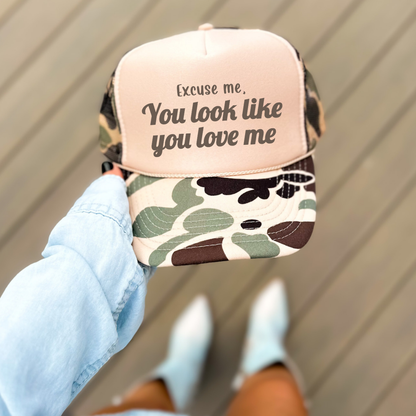 Excuse Me, You Look Like You Love Me Funny Classic Foam Trucker Hat Tan/Camo