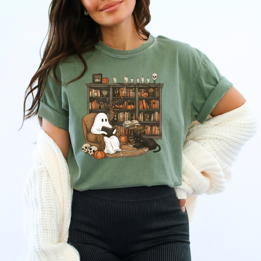 Retro Ghost Reading Books Halloween Shirt (3 colors)