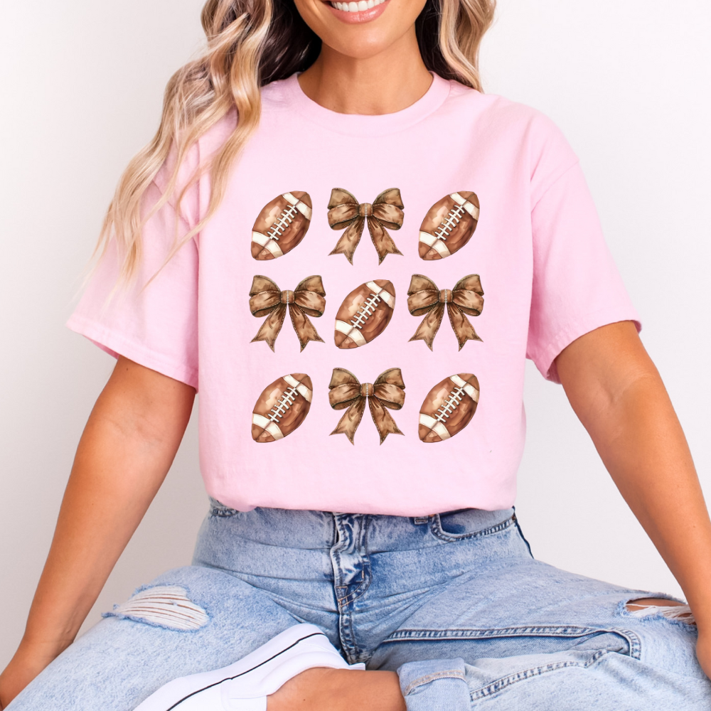 Footballs & Bows Pattern Shirt Coquette Tee (4 colors)