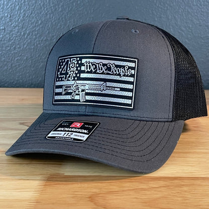 45 47 We The People 2A American Flag SnapBack Trucker Leather Patch Hat Charcoal Blk/Silv Patch Hat