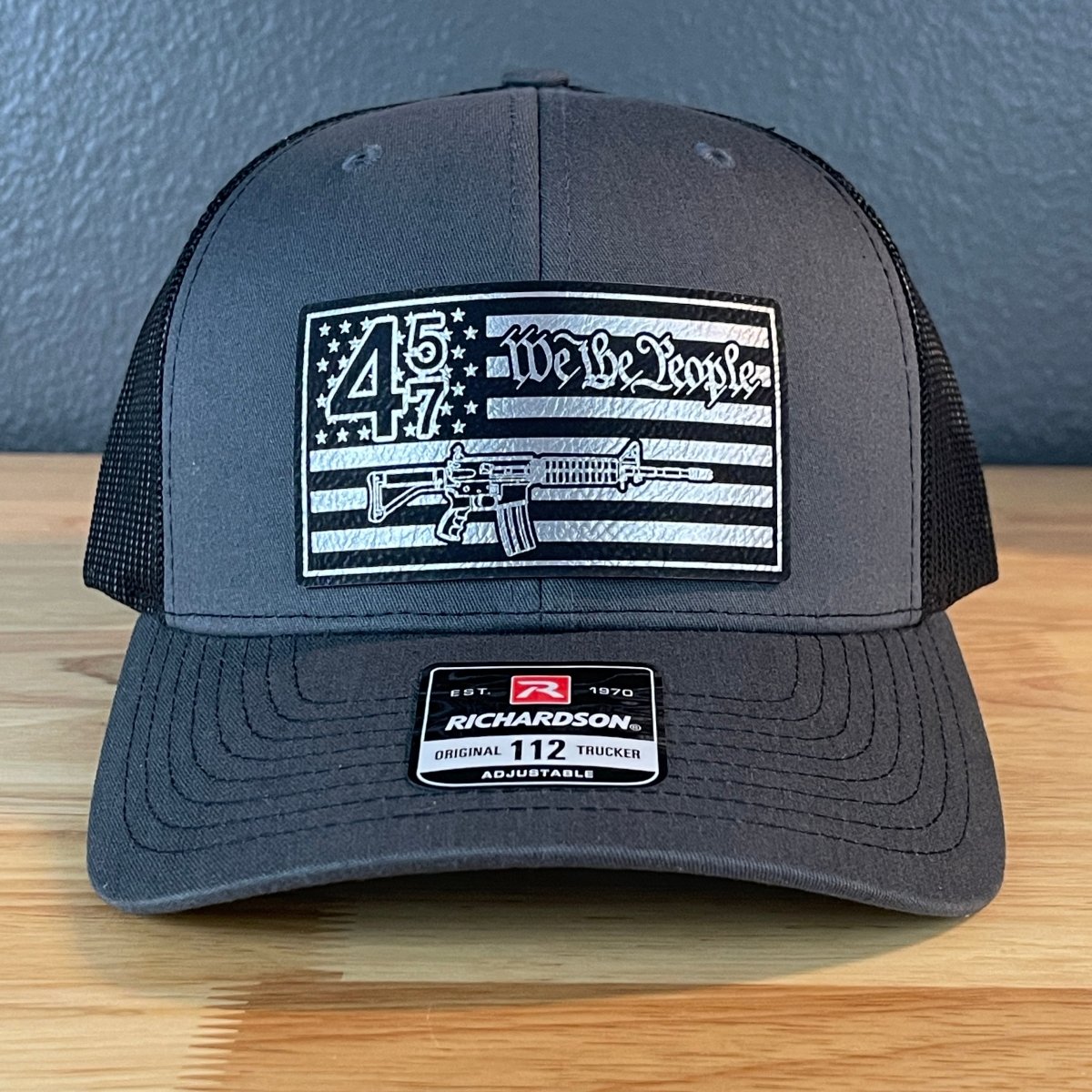 45 47 We The People 2A American Flag SnapBack Trucker Leather Patch Hat Charcoal Blk/Silv Patch Hat