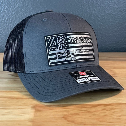 45 47 We The People 2A American Flag SnapBack Trucker Leather Patch Hat Charcoal Blk/Silv Patch Hat