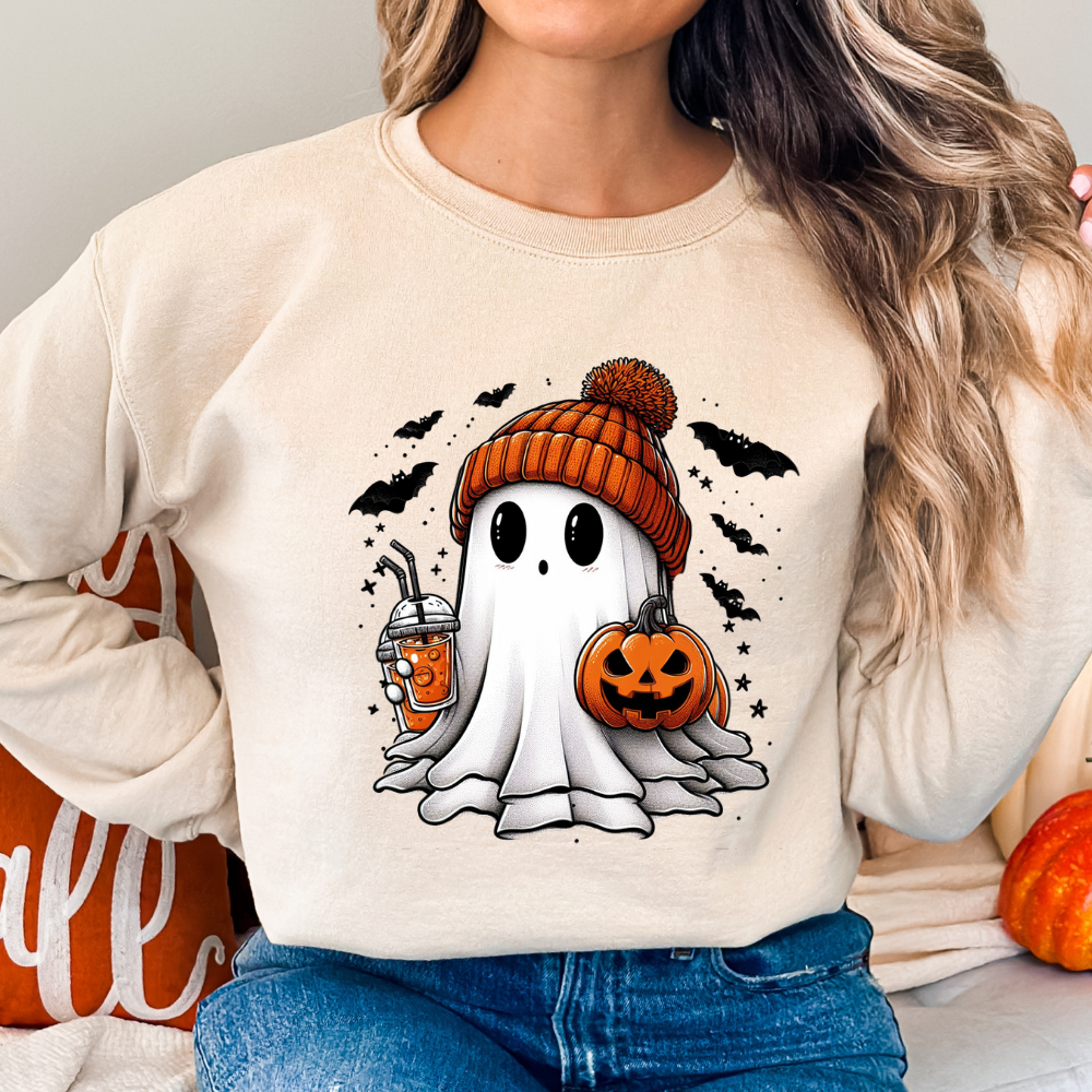 Ghost Holding Coffee Halloween Sweater (3 colors)