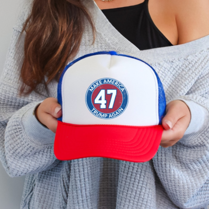 Trump 47 Round Classic Foam Trucker Hat Red White & Blue