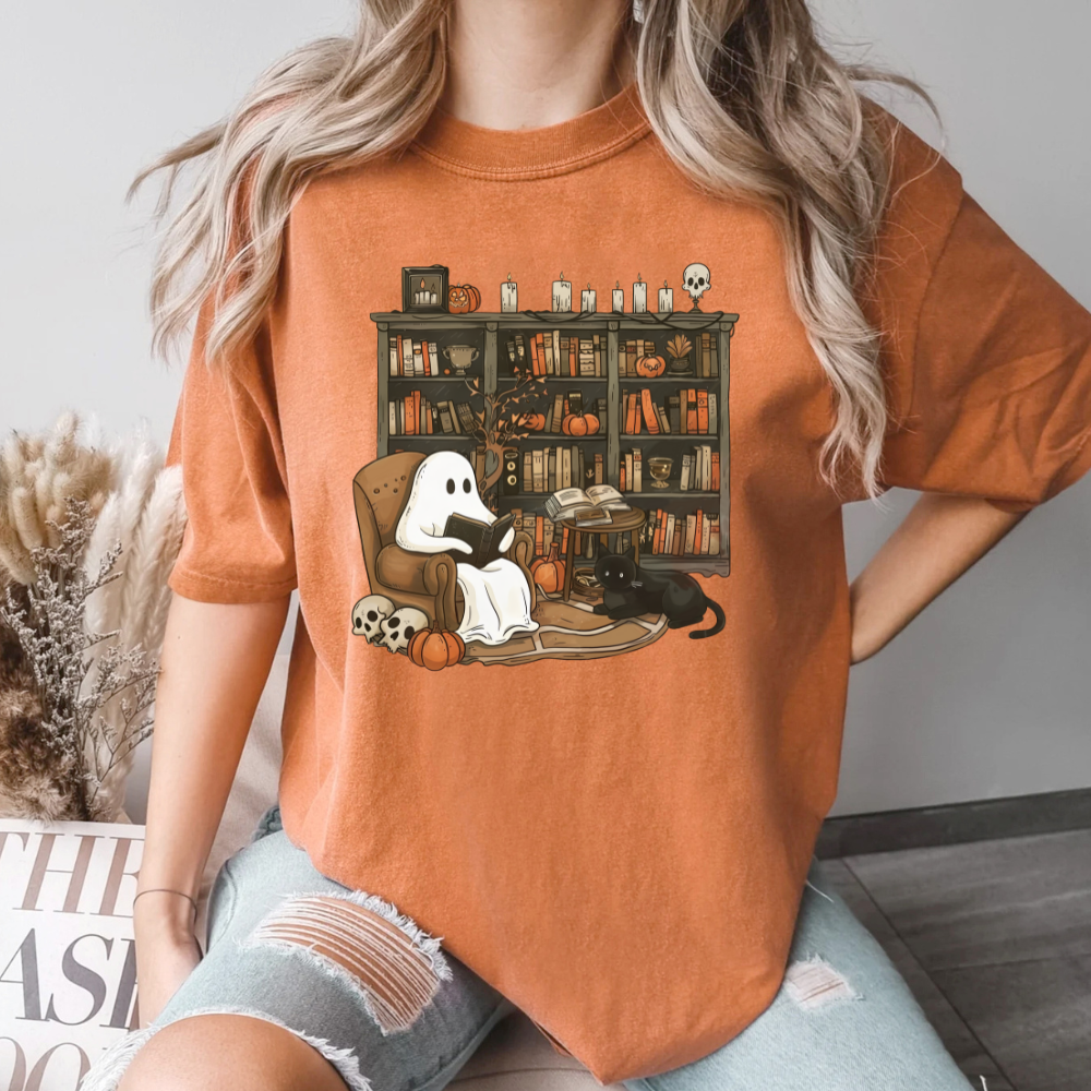 Retro Ghost Reading Books Halloween Shirt (3 colors)