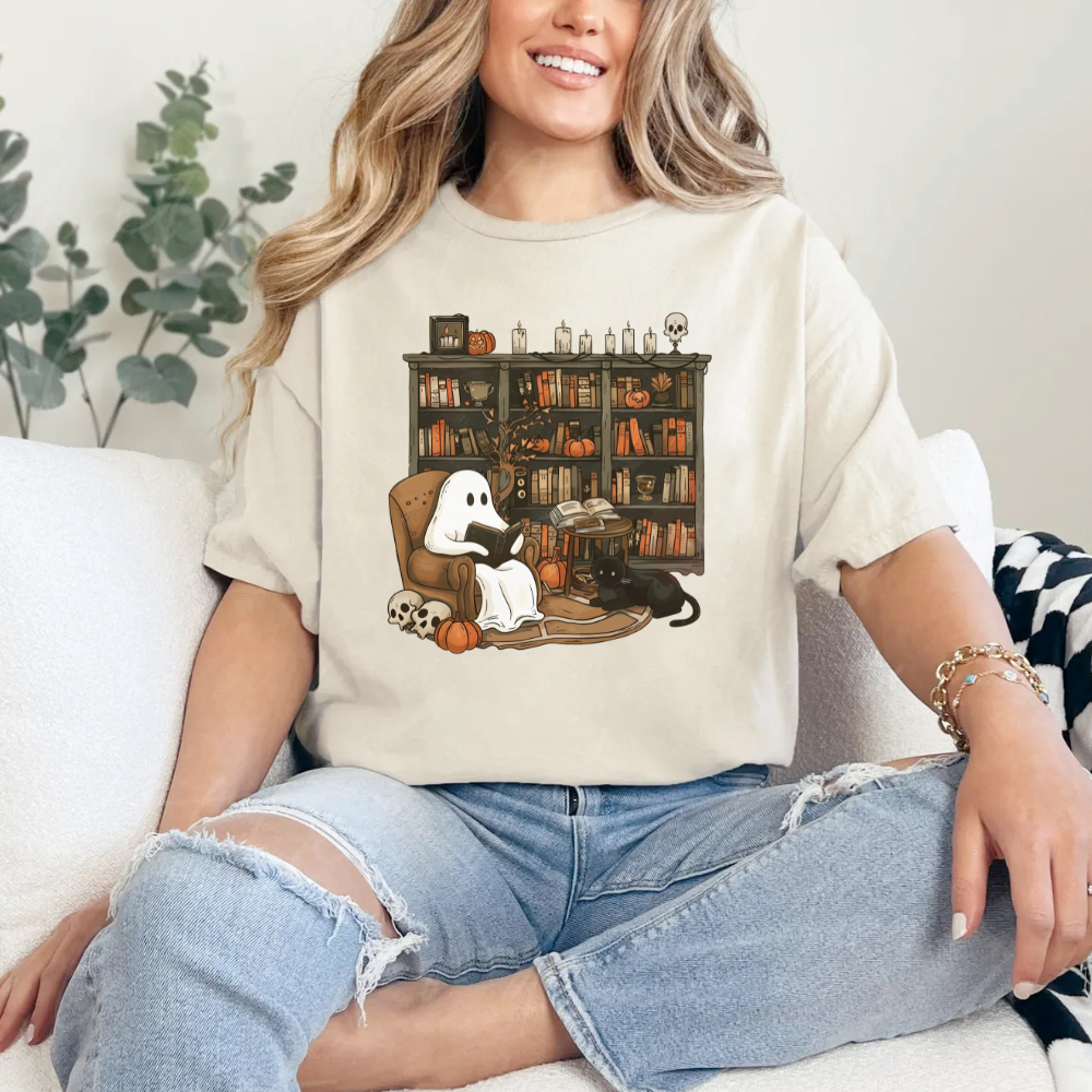 Retro Ghost Reading Books Halloween Shirt (3 colors)