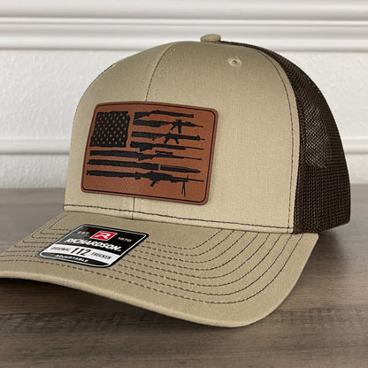 2nd Amendment 2A American Flag Patriotic Leather Patch Hat Khaki/Brown