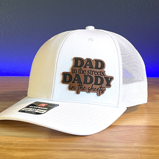 DAD IN THE STREETS DADDY IN THE SHEETS Side Leather Patch Trucker Hat White