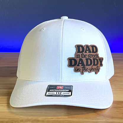 DAD IN THE STREETS DADDY IN THE SHEETS Side Leather Patch Trucker Hat White
