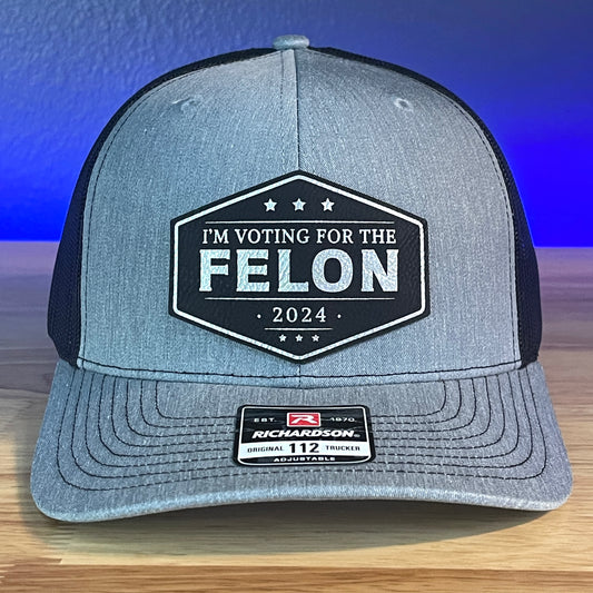 I'm Voting For The FELON Trump 2024 Trucker Hat Leather Patch Hat Black/Silver