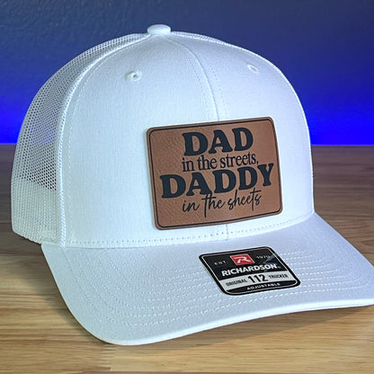 DAD IN THE STREETS DADDY IN THE SHEETS Rectangular Leather Patch Trucker Hat White