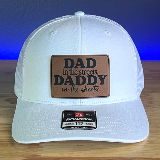 DAD IN THE STREETS DADDY IN THE SHEETS Rectangular Leather Patch Trucker Hat White