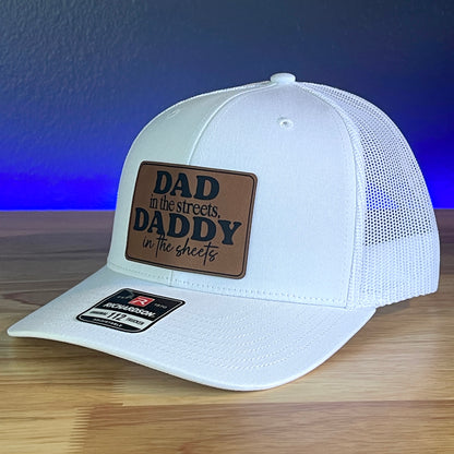 DAD IN THE STREETS DADDY IN THE SHEETS Rectangular Leather Patch Trucker Hat White