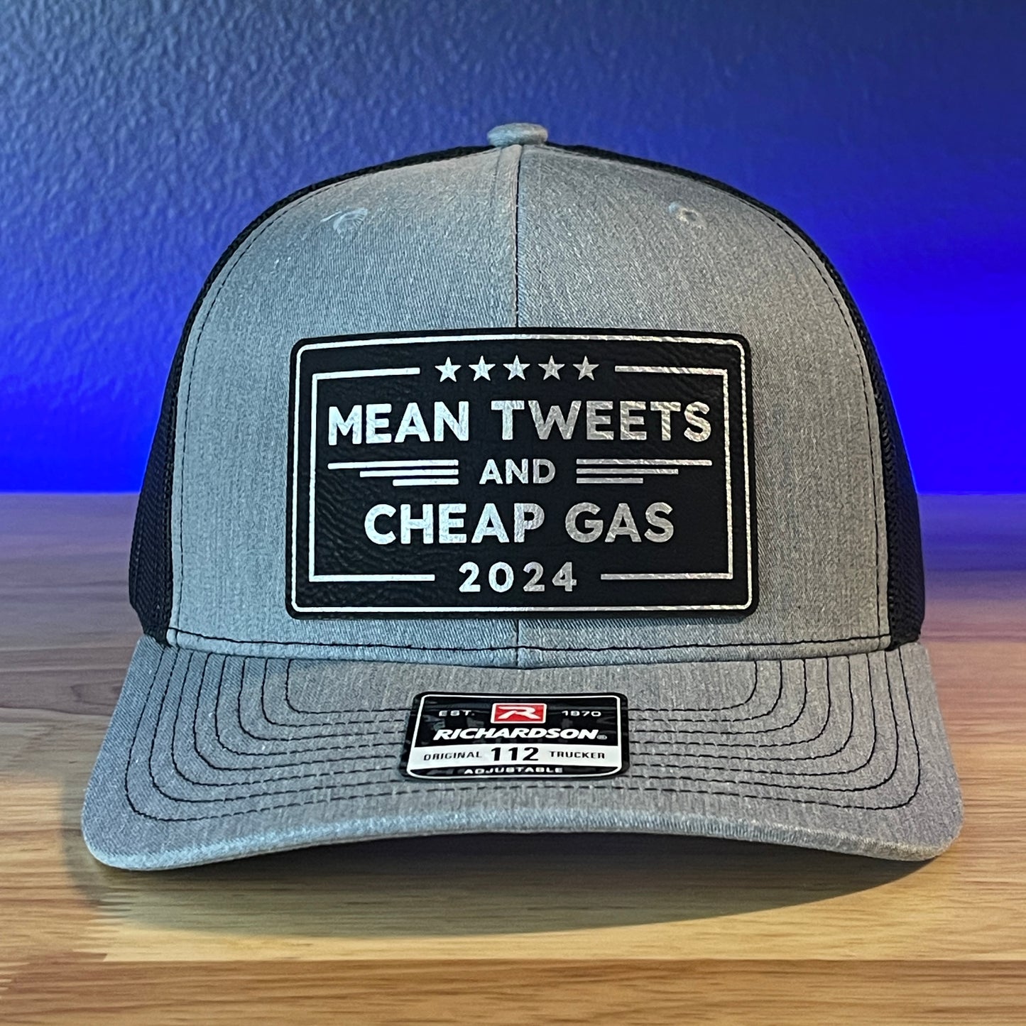 MEAN TWEETS and CHEAP GAS Trump 2024 Trucker Leather Patch Hat Black/Silver