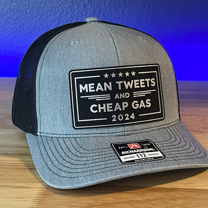 MEAN TWEETS and CHEAP GAS Trump 2024 Trucker Leather Patch Hat Black/Silver