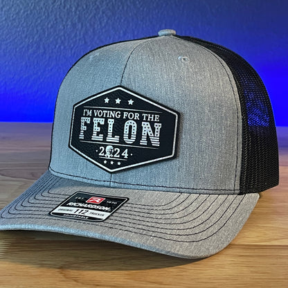 I'm Voting For The FELON Trump Face 2024 Trucker Hat Leather Patch Hat Black/Silver