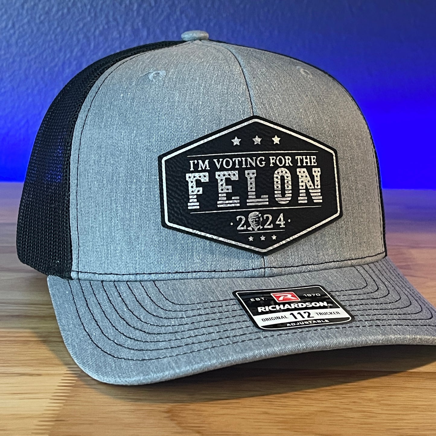 I'm Voting For The FELON Trump Face 2024 Trucker Hat Leather Patch Hat Black/Silver