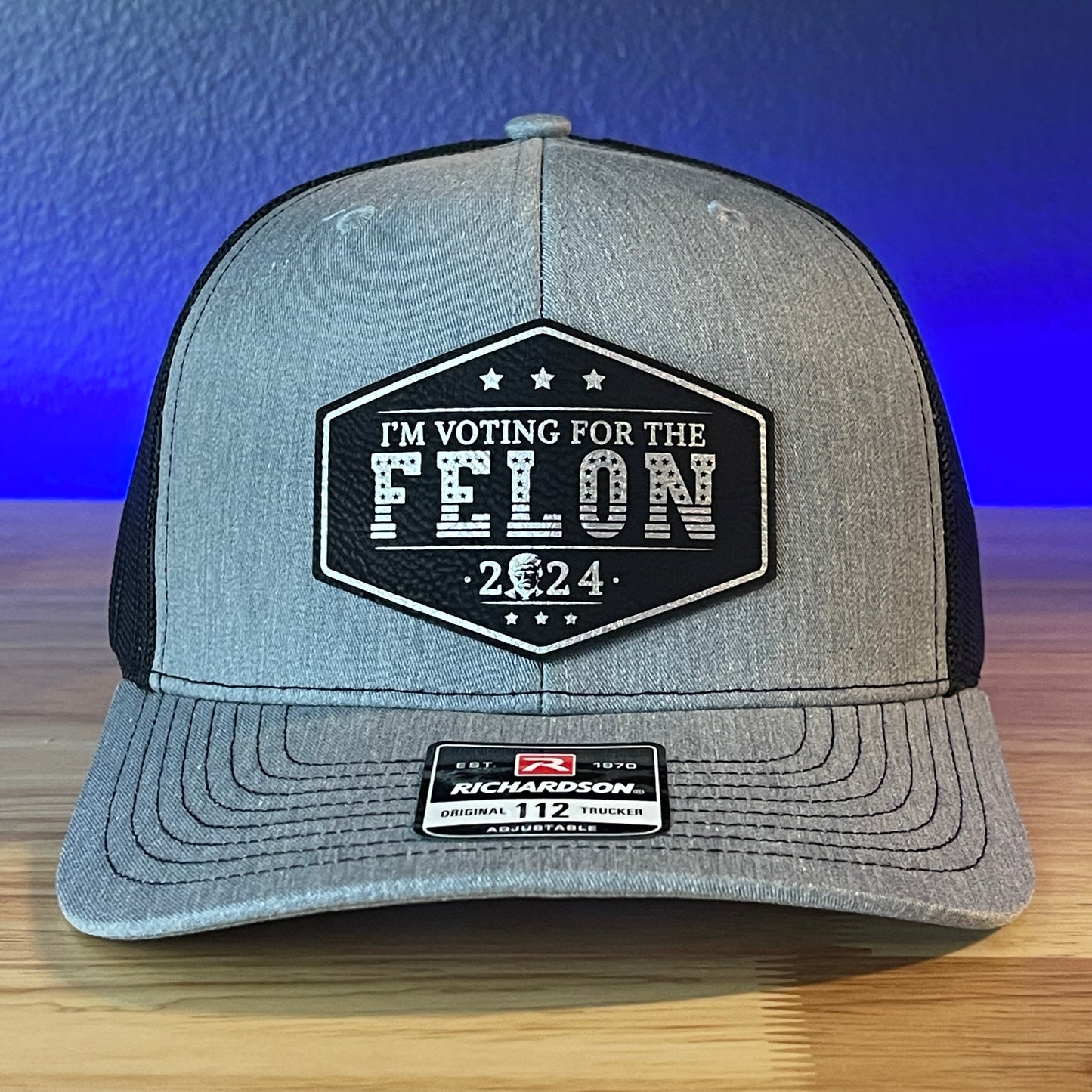 I'm Voting For The FELON Trump Face 2024 Trucker Hat Leather Patch Hat Black/Silver