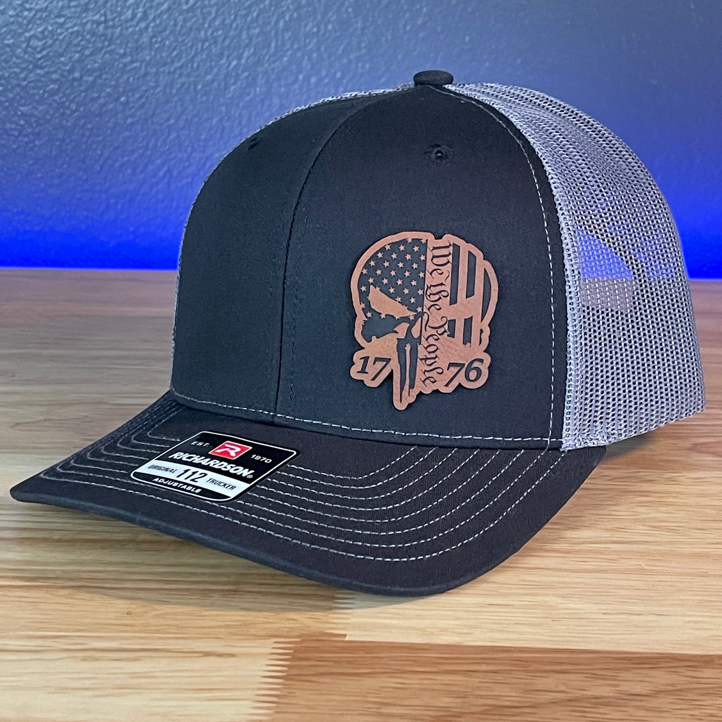 We The People Punisher Skull 1776 2A 2nd Amendment Flag Leather Patch Hat Black/Charcoal