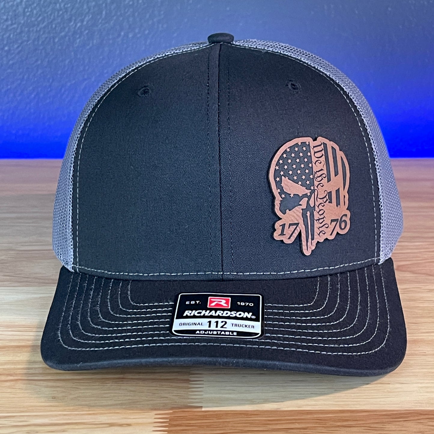 We The People Punisher Skull 1776 2A 2nd Amendment Flag Leather Patch Hat Black/Charcoal