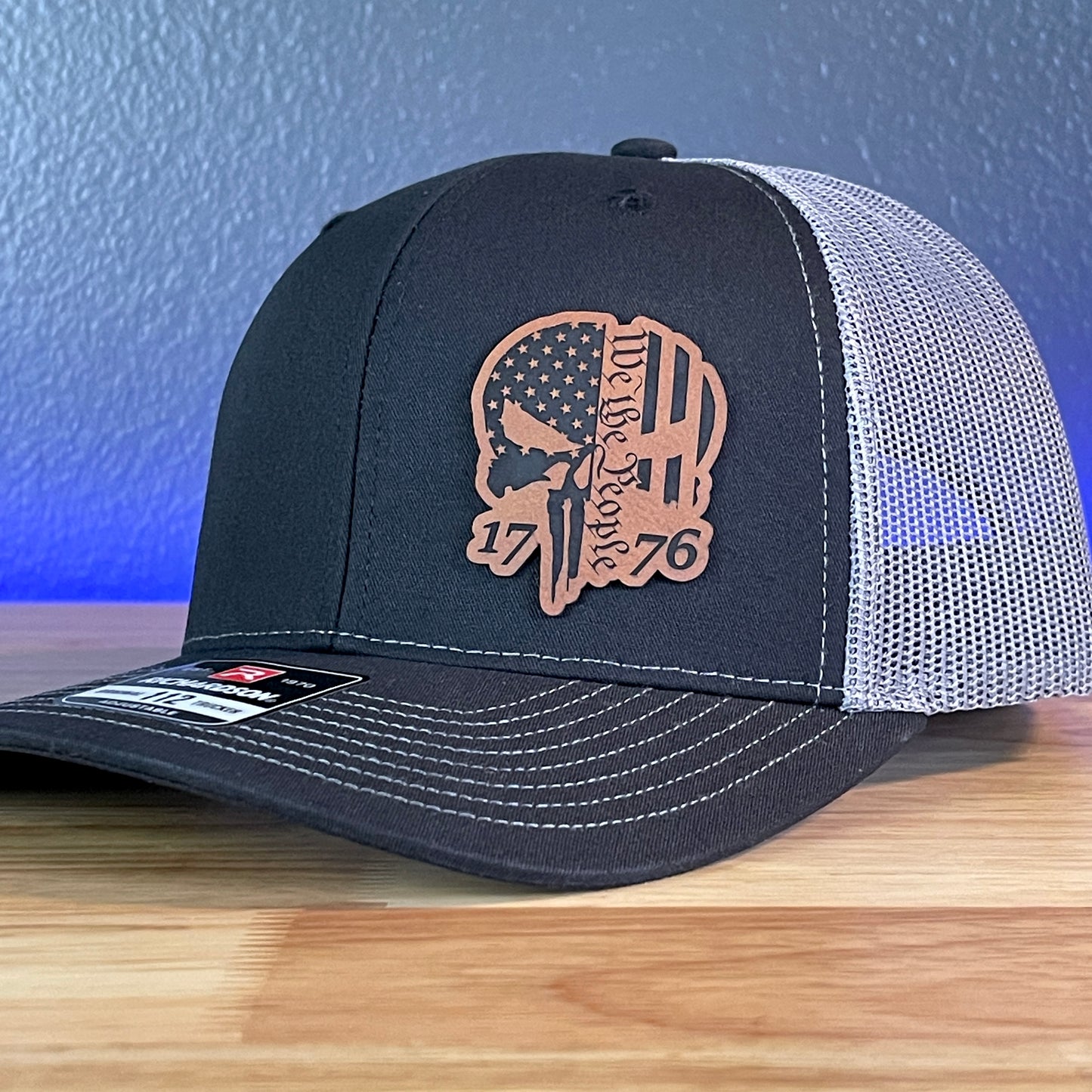 We The People Punisher Skull 1776 2A 2nd Amendment Flag Leather Patch Hat Black/Charcoal