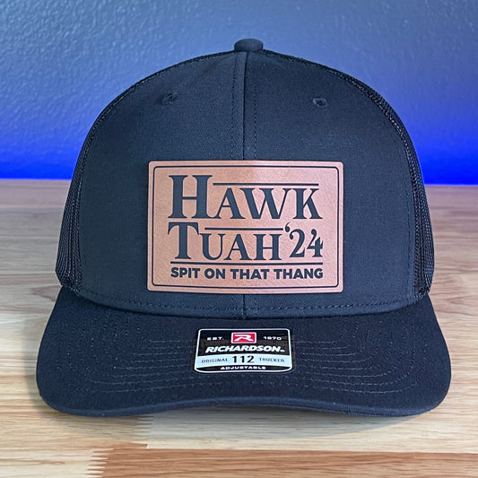 Hawk Tuah Spit On That Thang Viral Leather Patch Hat Black