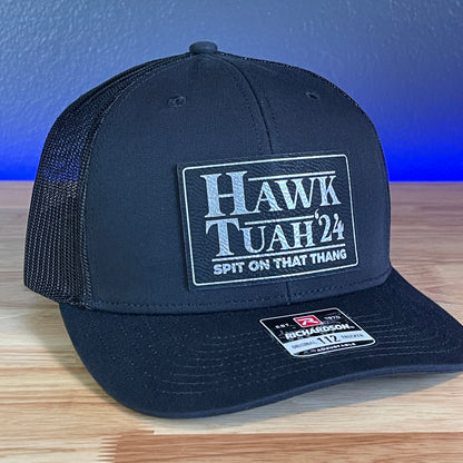 Hawk Tuah Spit On That Thang Viral Leather Patch Hat Black/Silver