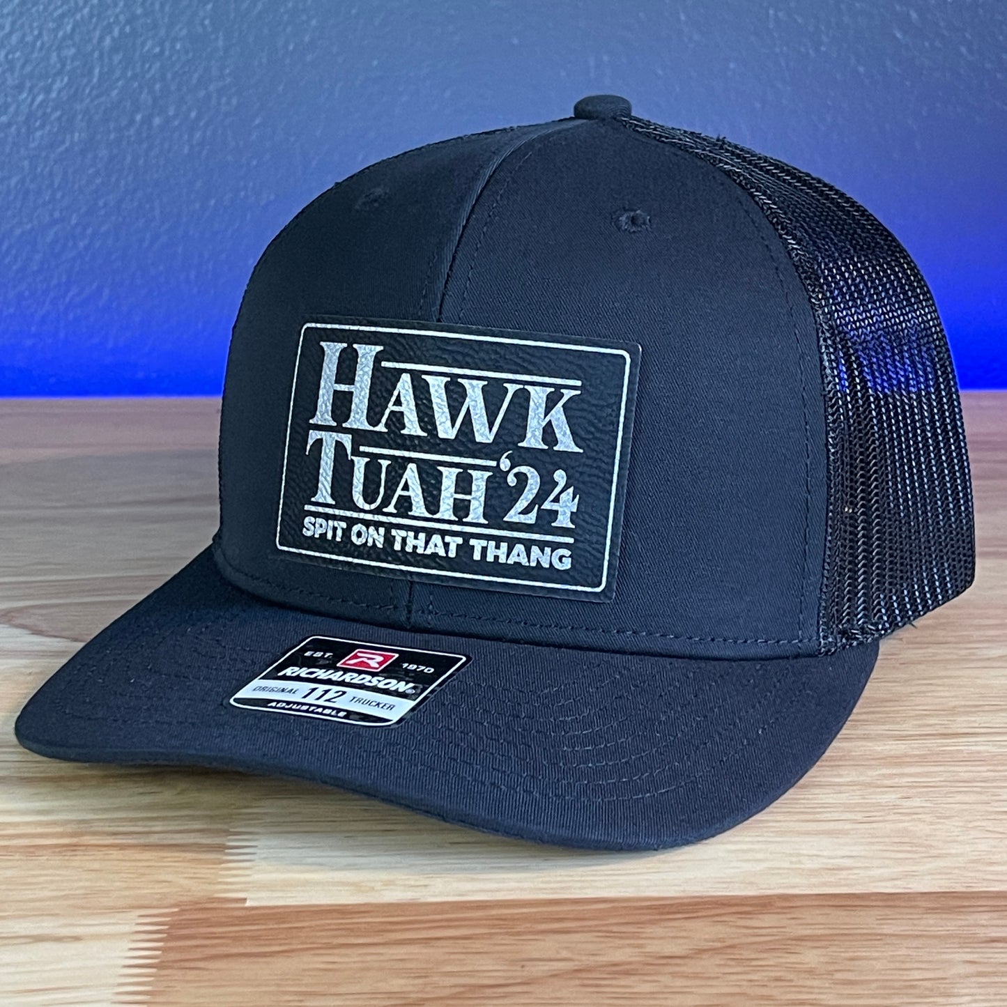 Hawk Tuah Spit On That Thang Viral Leather Patch Hat Black/Silver