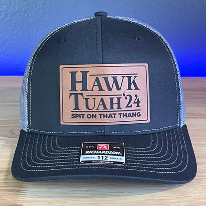 Hawk Tuah Spit On That Thang Viral Leather Patch Hat Black/Charcoal