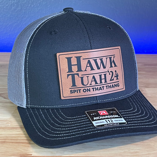 Hawk Tuah Spit On That Thang Viral Leather Patch Hat Black/Charcoal