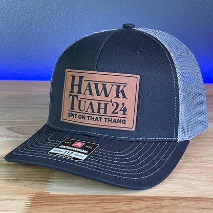 Hawk Tuah Spit On That Thang Viral Leather Patch Hat Black/Charcoal