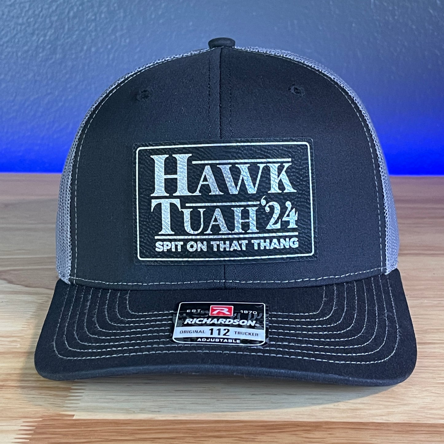 Hawk Tuah Spit On That Thang Viral Leather Patch Hat Black/Charcoal Blk/Silver Patch