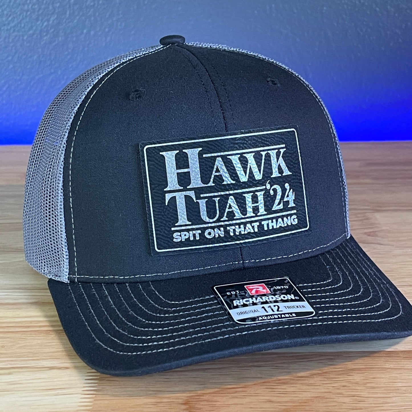 Hawk Tuah Spit On That Thang Viral Leather Patch Hat Black/Charcoal Blk/Silver Patch