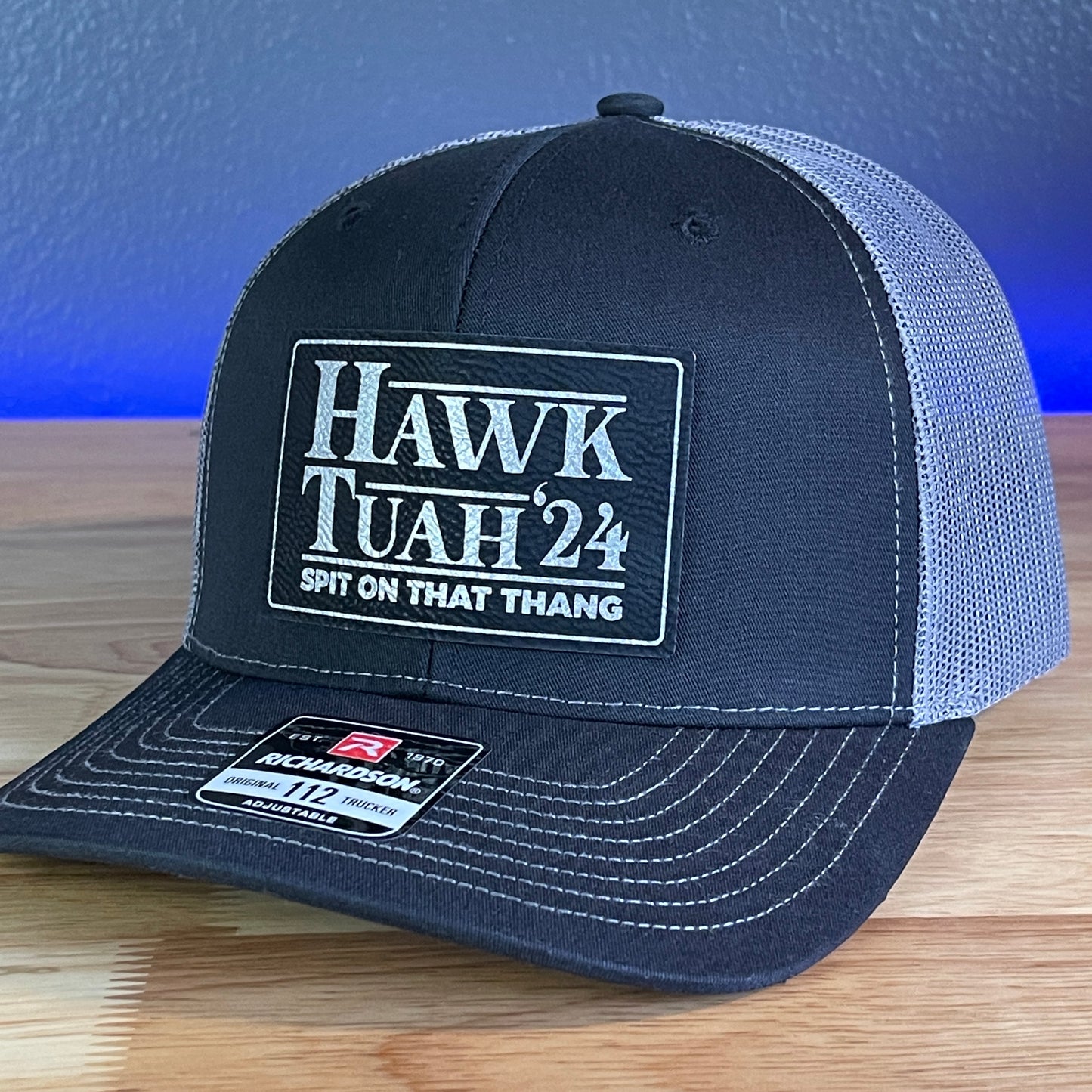 Hawk Tuah Spit On That Thang Viral Leather Patch Hat Black/Charcoal Blk/Silver Patch