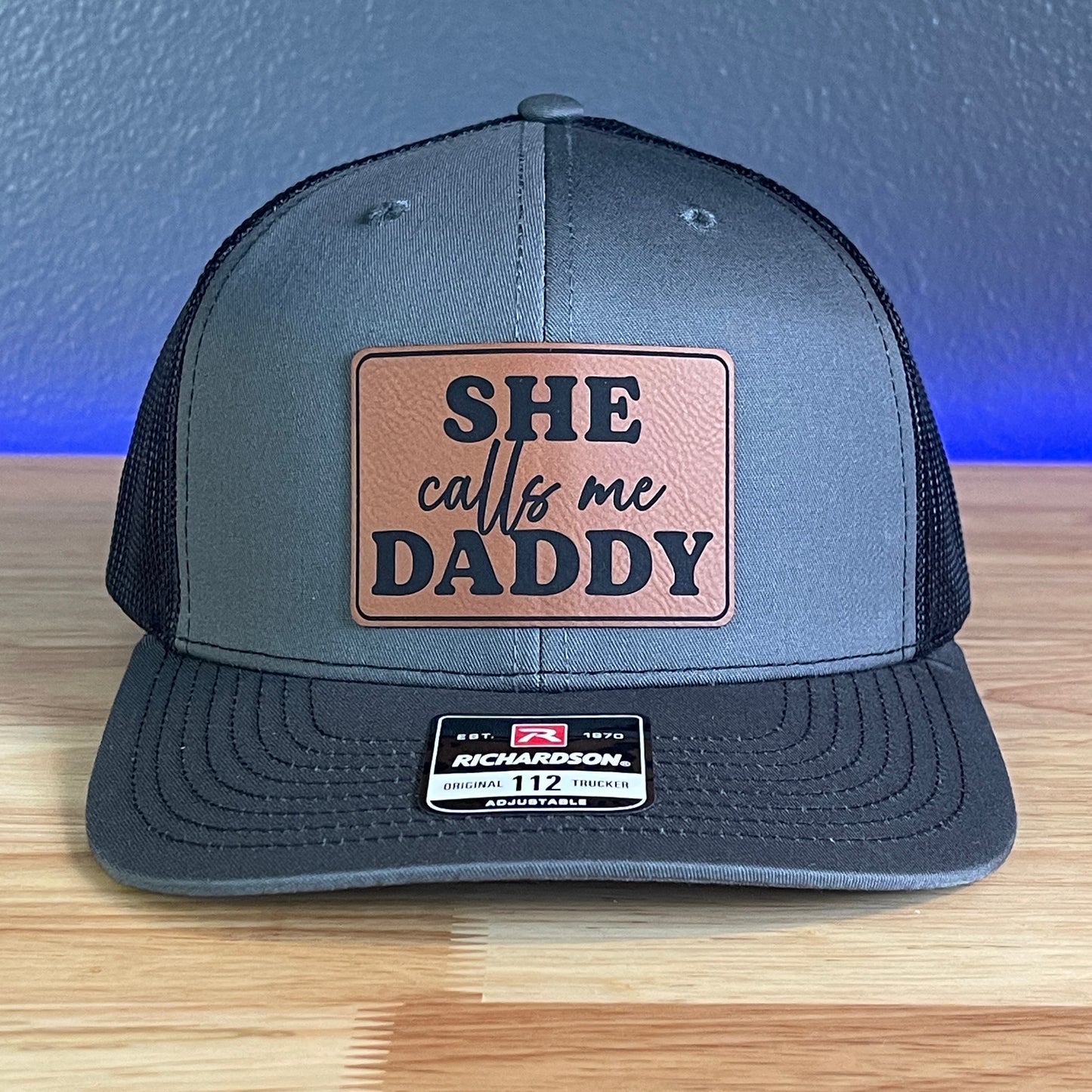 She Calls Me Daddy Funny Leather Patch Hat Charcoal/Black