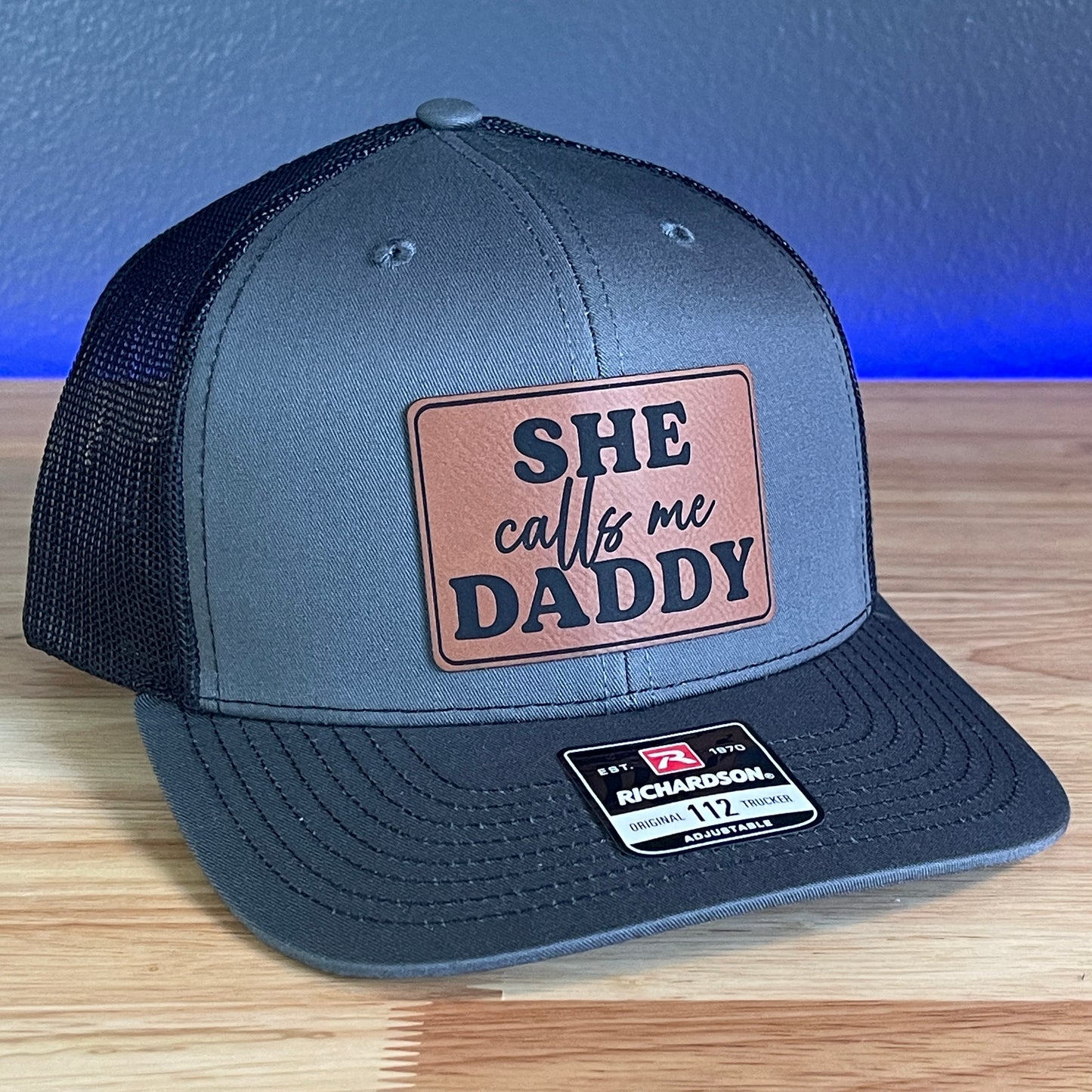 She Calls Me Daddy Funny Leather Patch Hat Charcoal/Black