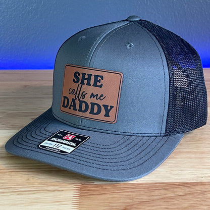 She Calls Me Daddy Funny Leather Patch Hat Charcoal/Black