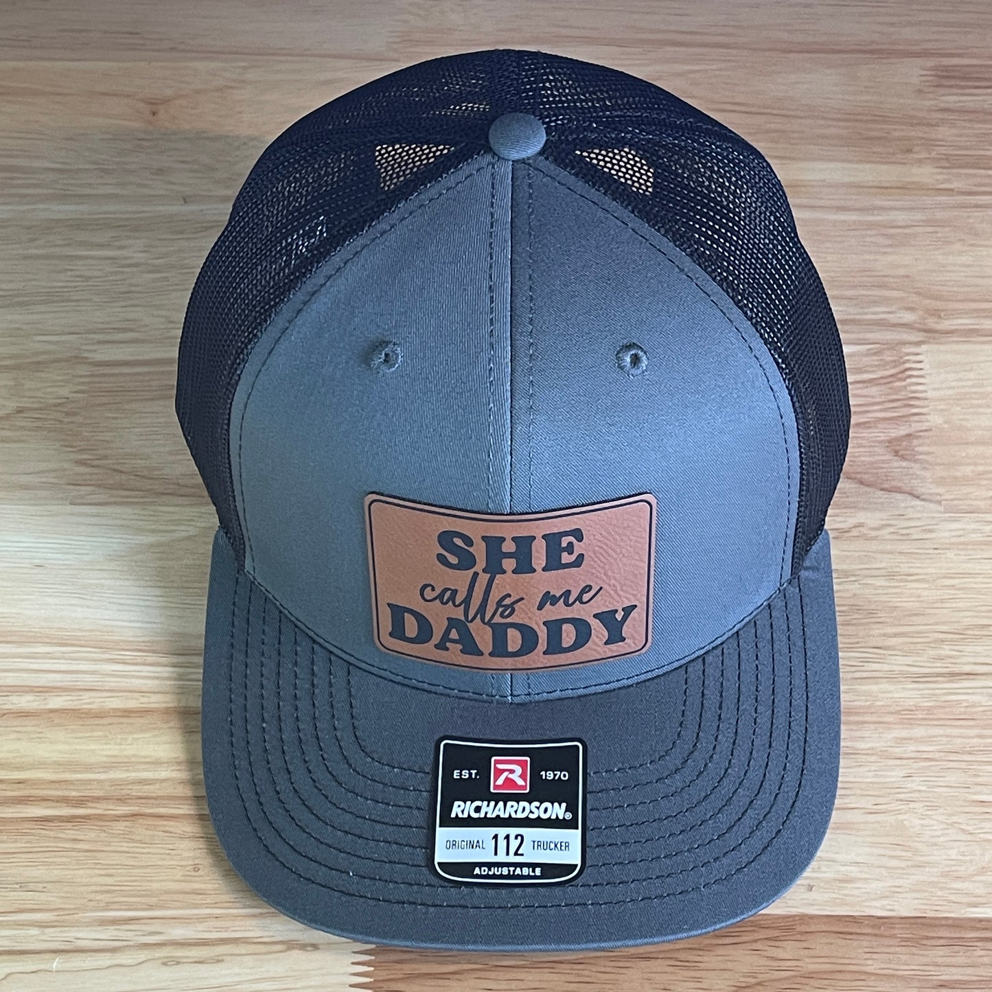 She Calls Me Daddy Funny Leather Patch Hat Charcoal/Black