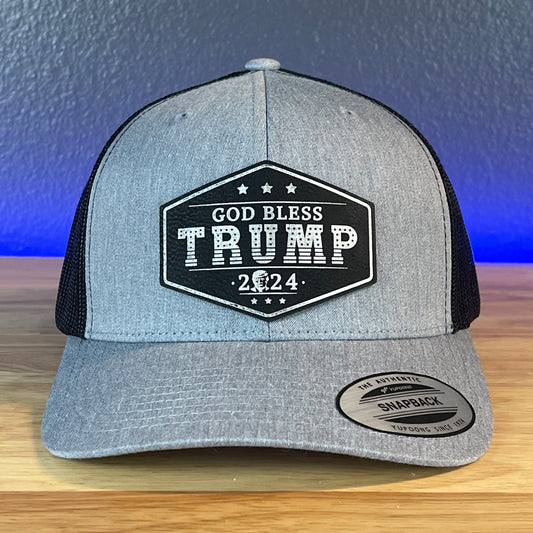 GOD BLESS TRUMP 2024 SnapBack Trucker Leather Blk/Silver Patch Hat