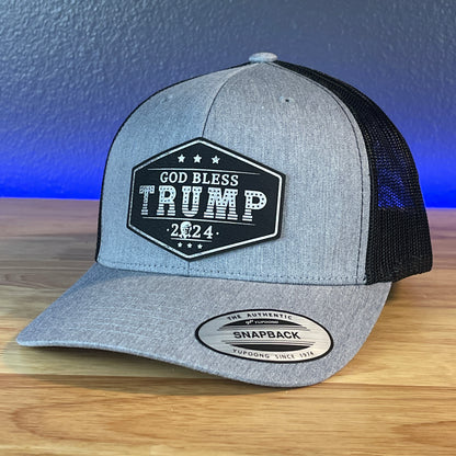 GOD BLESS TRUMP 2024 SnapBack Trucker Leather Blk/Silver Patch Hat