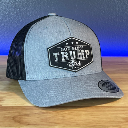 GOD BLESS TRUMP 2024 SnapBack Trucker Leather Blk/Silver Patch Hat