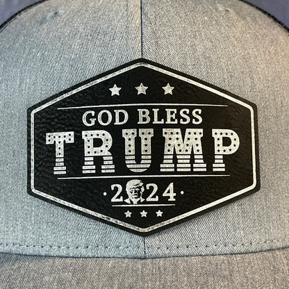 GOD BLESS TRUMP 2024 SnapBack Trucker Leather Blk/Silver Patch Hat