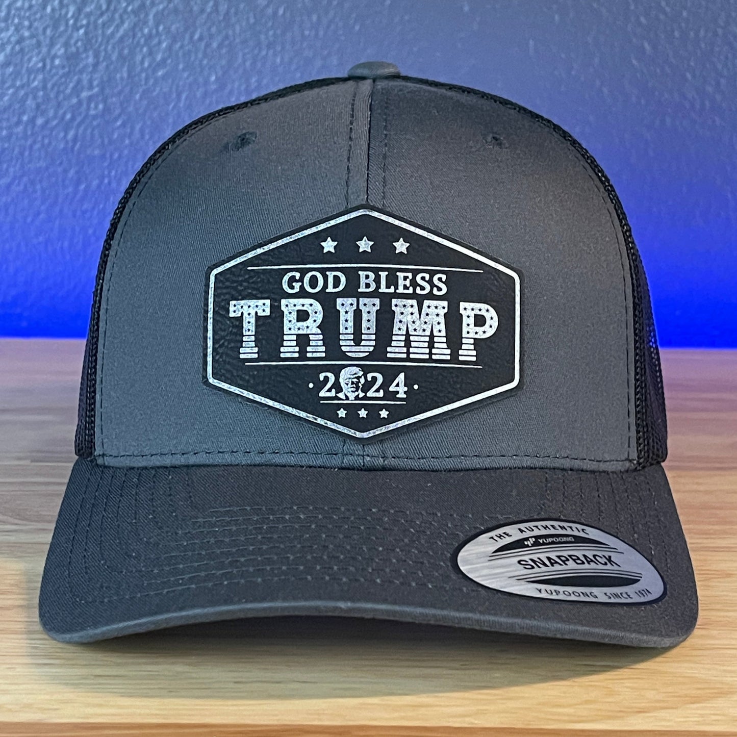 GOD BLESS TRUMP 2024 SnapBack Trucker Leather Blk/Silver Patch Charcoal Hat