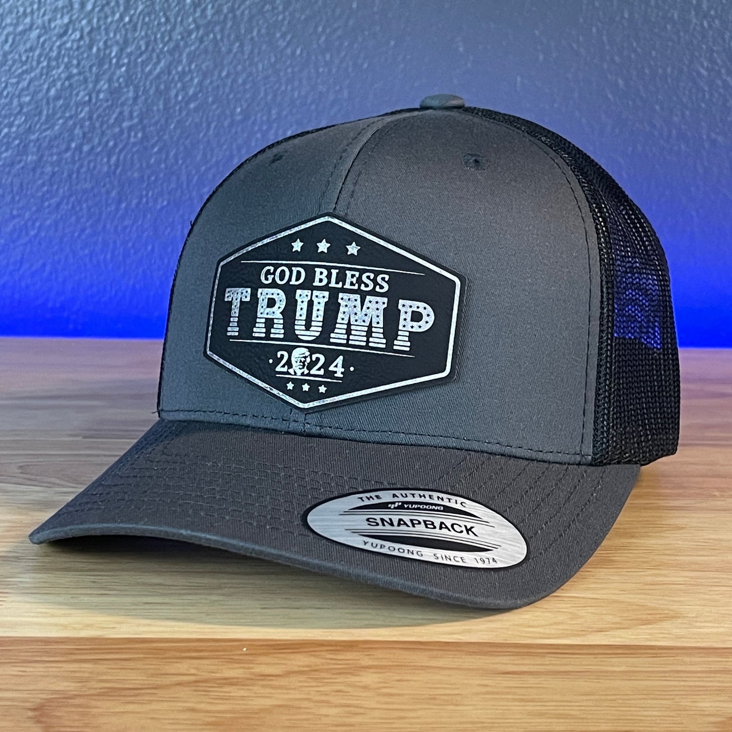 GOD BLESS TRUMP 2024 SnapBack Trucker Leather Blk/Silver Patch Charcoal Hat