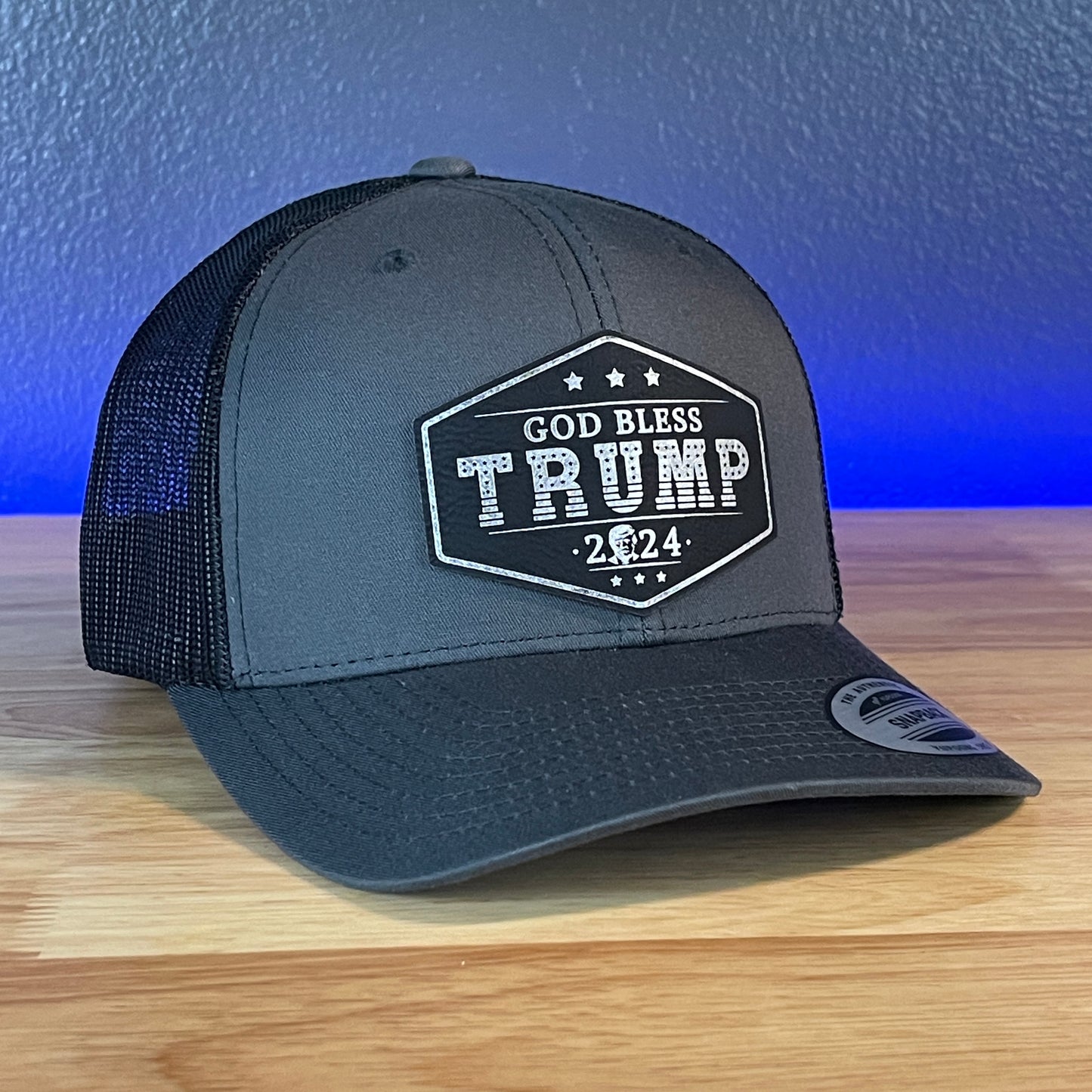 GOD BLESS TRUMP 2024 SnapBack Trucker Leather Blk/Silver Patch Charcoal Hat