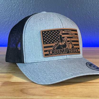 Trump 2024 Fight Fight Fight Flag SnapBack Trucker Rawhide Leather Patch Hat