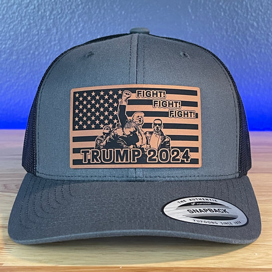 Trump 2024 Fight Fight Fight Flag SnapBack Trucker Rawhide Leather Patch Hat Charcoal